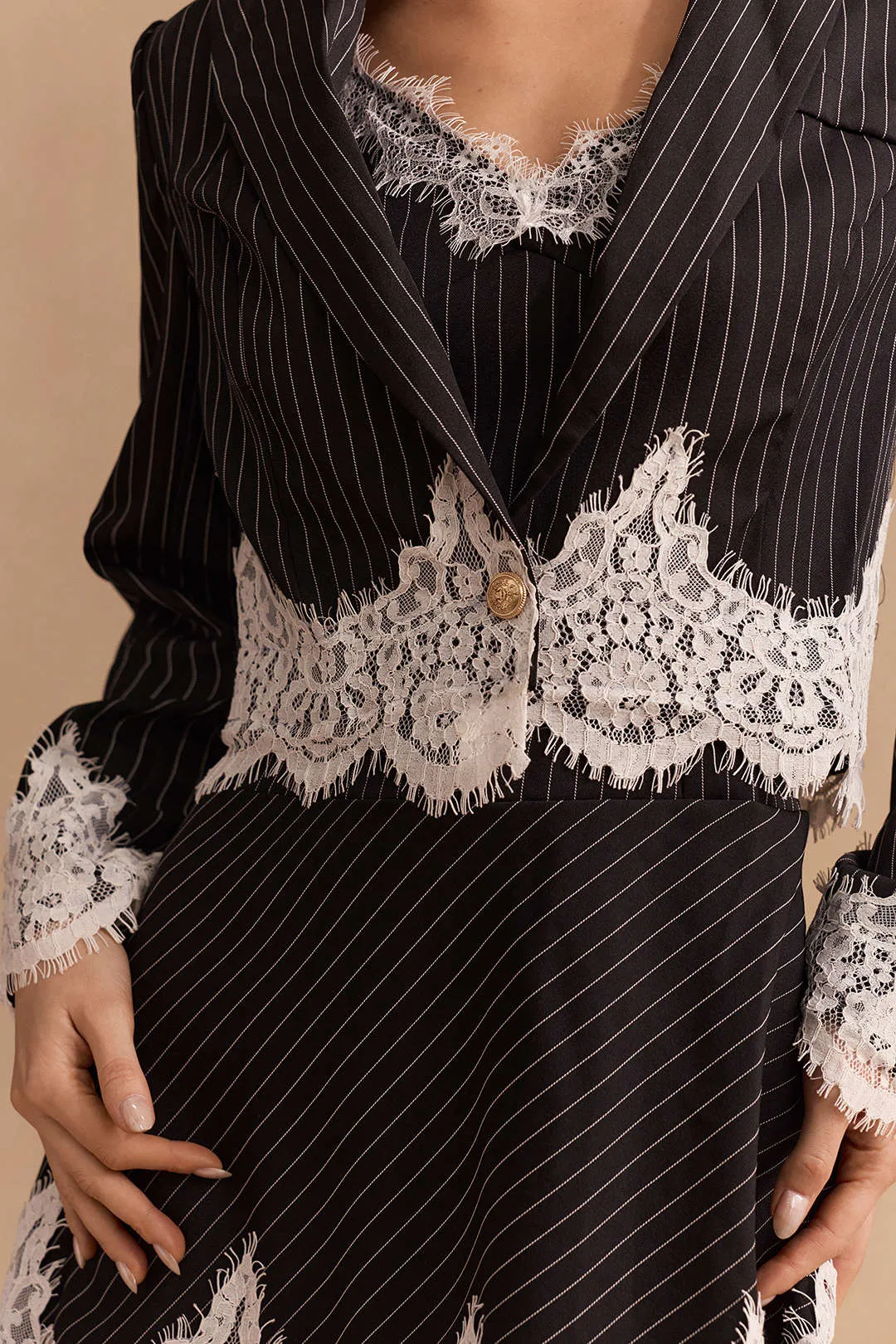 Striped Lace Patchwork Blazer And V-Neck Sleeveless Dress Set sold by Micas product image thumbnail 4