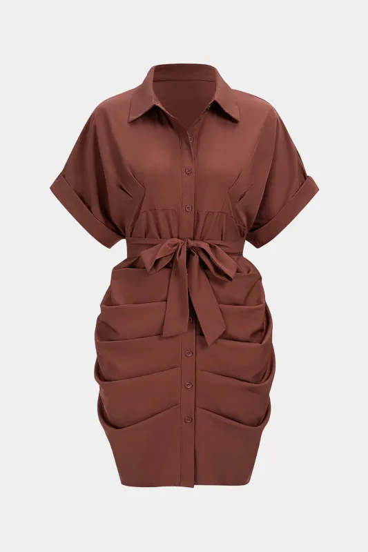 Tie-Up Pleated Batwing Short Sleeve Mini Dress made by Micas