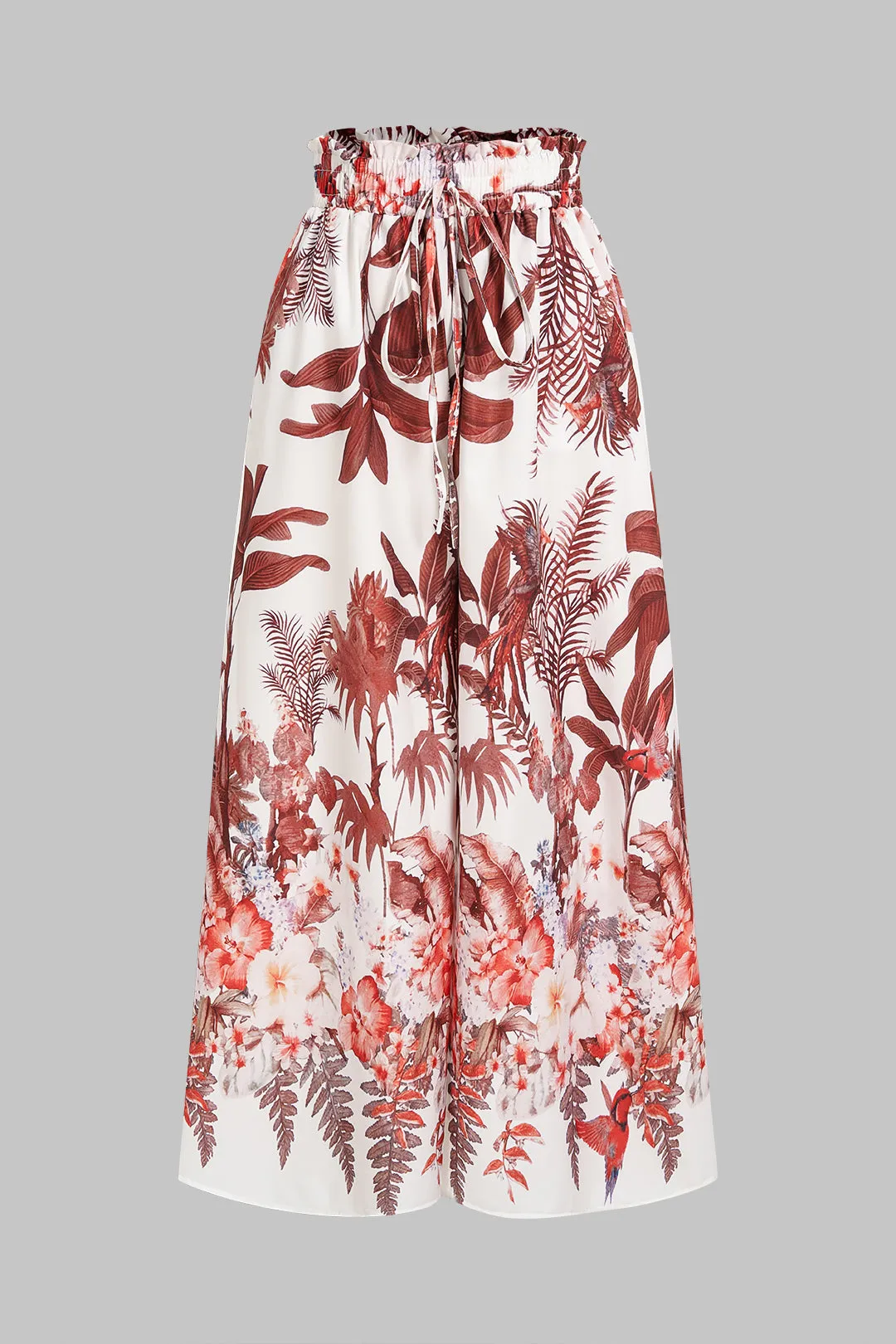 Floral Leaves Print Drawstring Pocket Wide Leg Pants sold by Micas