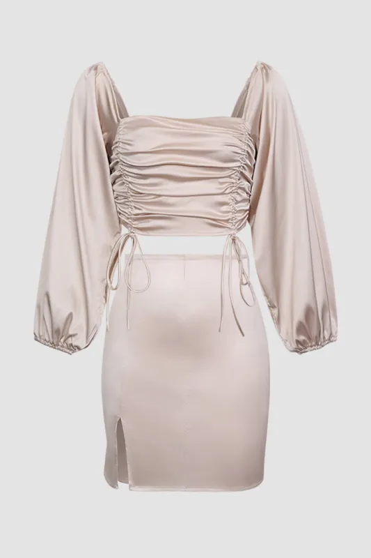 Satin Draw Strings Off Shoulder Top And Mini Skirt Set sold by Micas