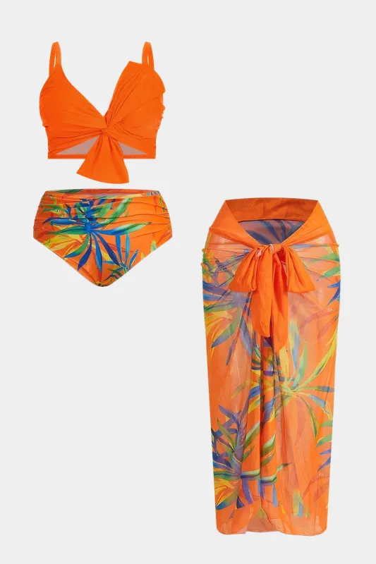 Plus Size 3D Floral Branches Print Knotted Bikini Set sold by Micas