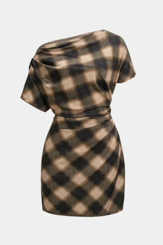 Plaid Print Asymmetrical Ruched Short Sleeve Mini Dress sold by Micas