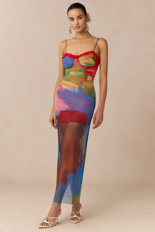 Multicolor Abstract Print Mesh Patchwork Lace Trim Asymmetrical Ruched Sleeveless Maxi Dress made by Micas