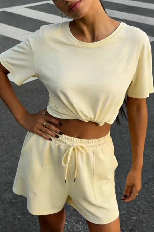 Solid Round Neck Top And Drawstring Shorts Set sold by Micas