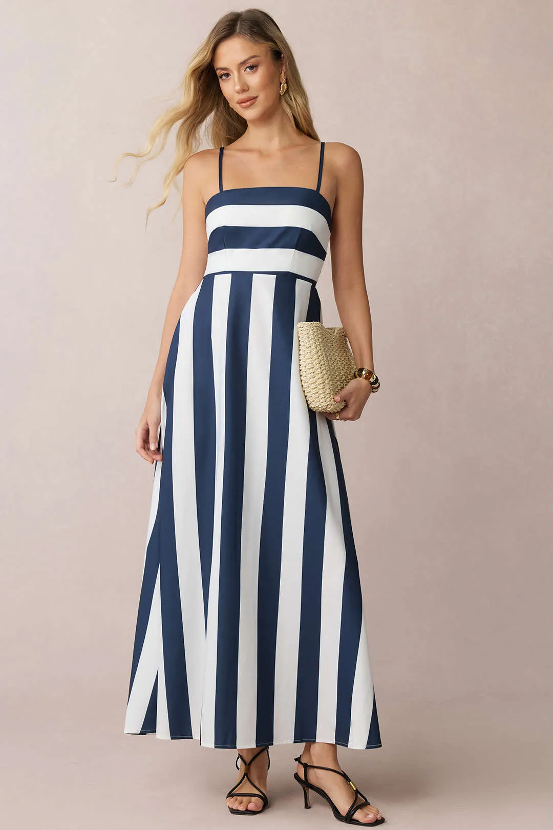 Stripes Print Smocked Backless Sleeveless Maxi Dress sold by Micas