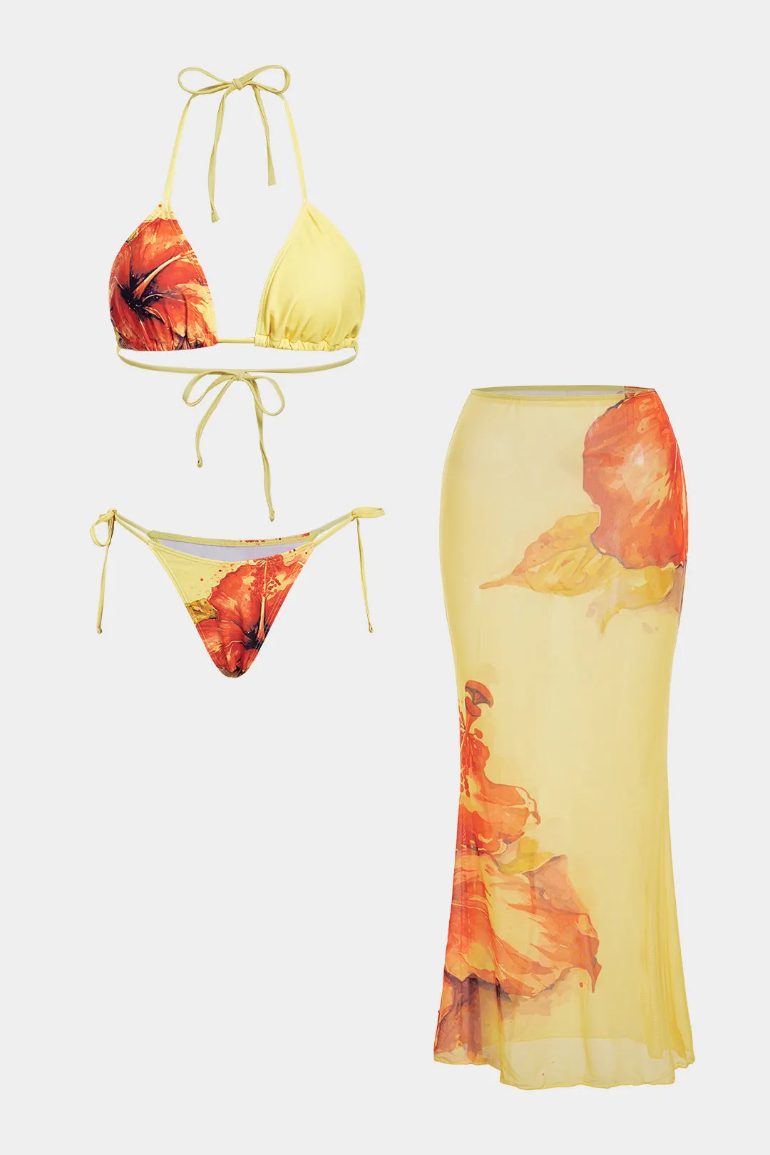 Floral Print Mesh Patchwork Halter Tie-Up Bikini Set sold by Micas