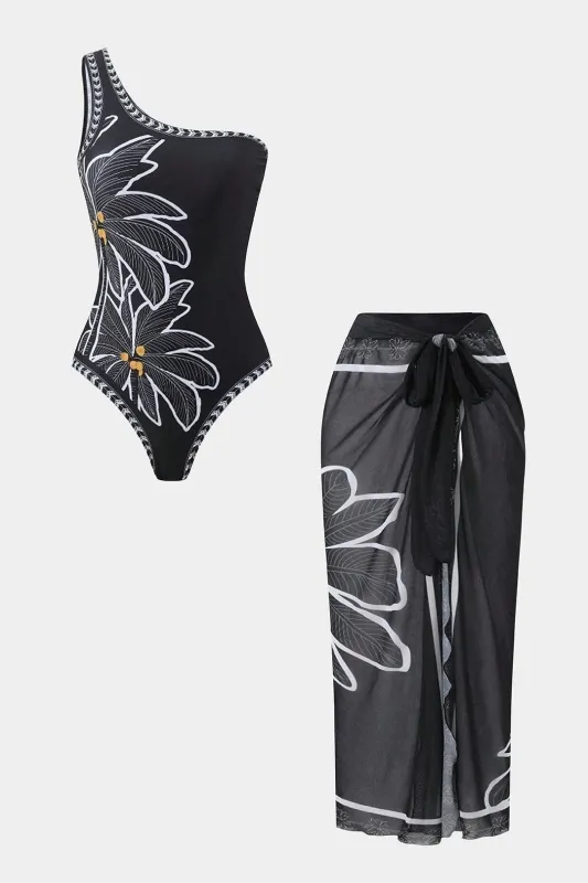 Floral Print Chiffon Patchwork One Shoulder Tie-Up Bikini Set sold by Micas