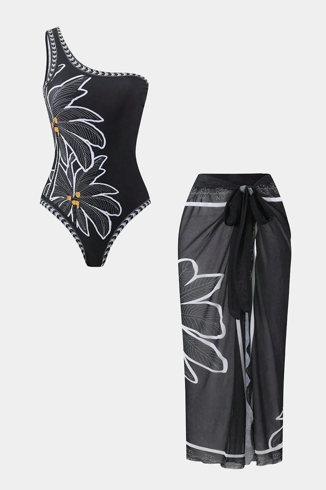 Floral Print Chiffon Patchwork One Shoulder Tie-Up Bikini Set sold by Micas