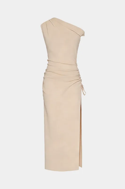 One Shouler Ruched Tie-Up Slit Maxi Dress sold by Micas