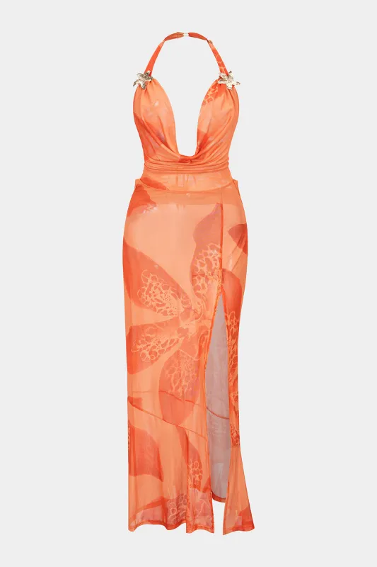 Floral Print Halter Draped Cowl Neck Slit Cover Up sold by Micas