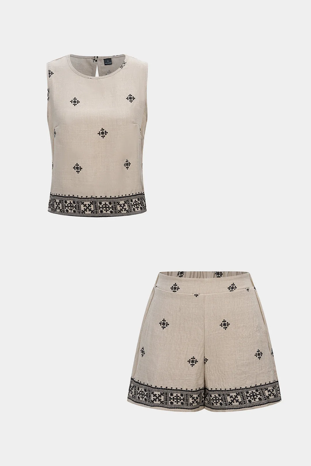 Contrast Print Round Neck Tank Top And High Waist Shorts Set sold by Micas