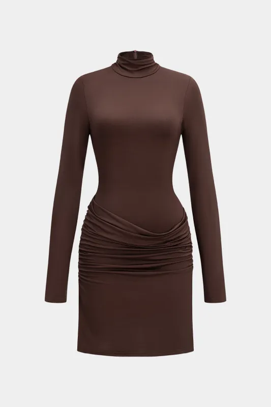 Mock Neck Ruched Zipper Long Sleeve Mini Dress sold by Micas