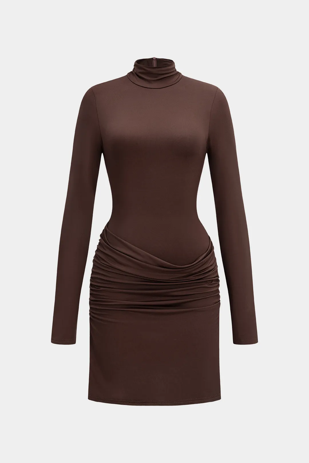 Mock Neck Ruched Zipper Long Sleeve Mini Dress sold by Micas