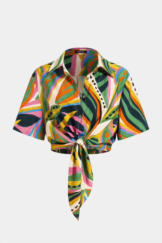 Leaves Contrast Print Tie-Up Button Short-Sleeve Blouse made by Micas
