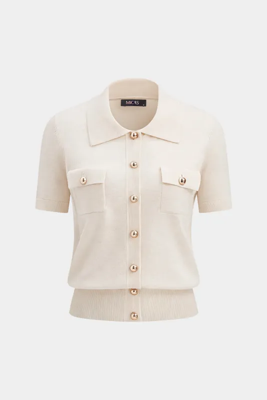 Knit Lapel Button Pocket Short-Sleeve Top sold by Micas