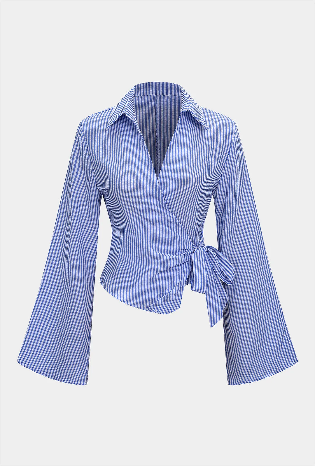 Stripes Print V-Neck Tie-Up Long-Sleeve Shirt sold by Micas