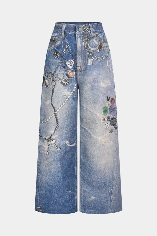 Denim Print Wide Leg Pants made by Micas
