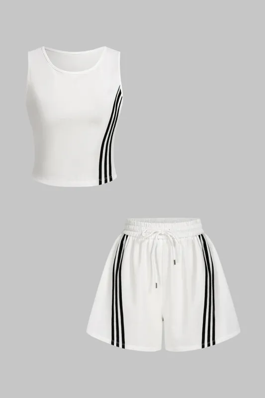 Contrast Striped Round Neck Sleeveless Tank Top And Drawstring Wide Leg Shorts Set sold by Micas