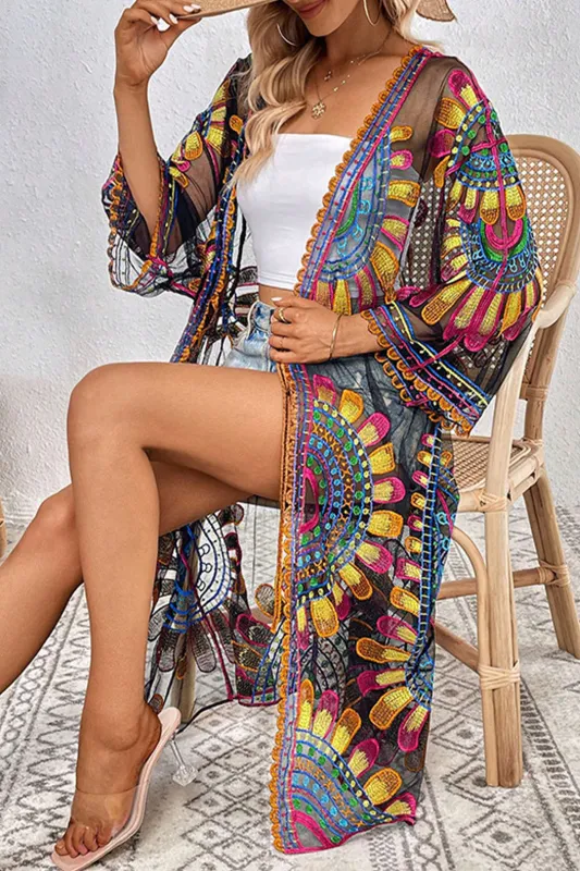 Embroidery Floral Print Tie Up Cover Up sold by Micas