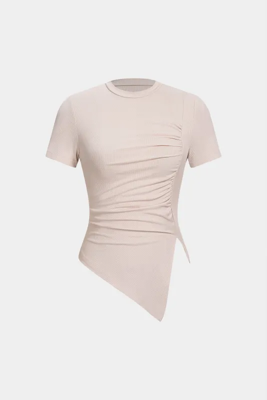 Round Neck Asymmetrical Ruched Short Sleeve T-Shirt made by Micas