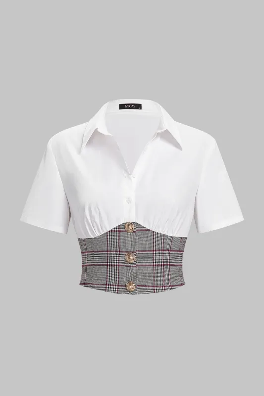 Plaid Print Lapel Short Sleeve Cropped Top made by Micas