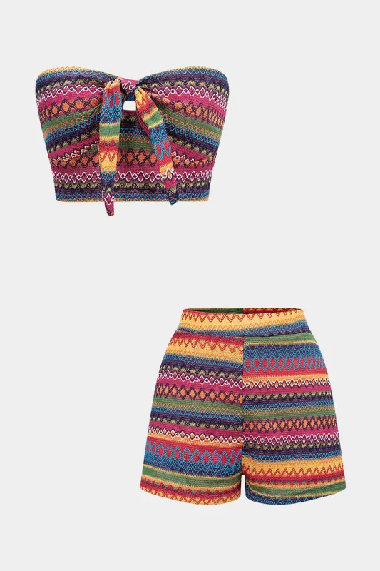 Multicolor Striped Tie Front Cropped Tube Top And High Waist Shorts Set sold by Micas