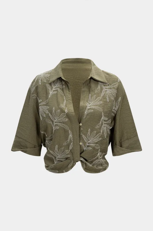 Embroidered Ruched Short Sleeve Shirt sold by Micas