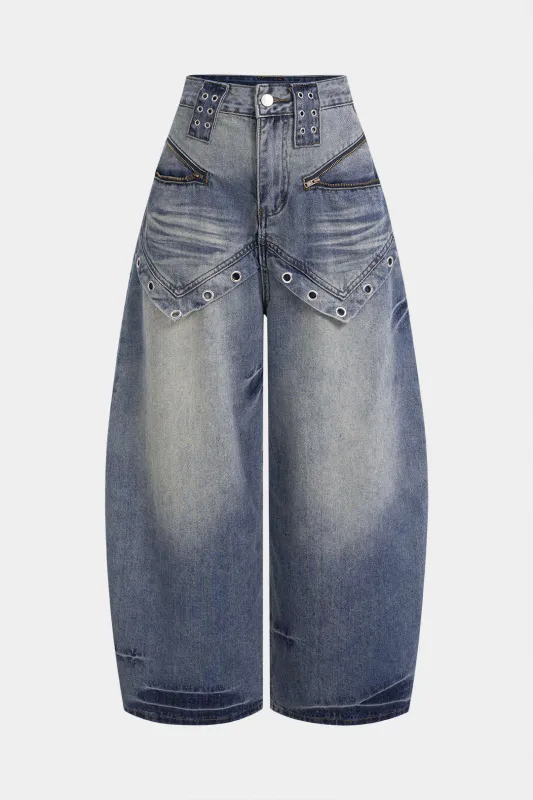 Denim Eyelet Wide Leg Jeans sold by Micas