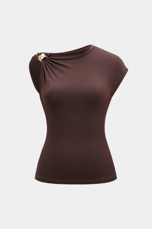 Asymmetrical Metallic Decor Ruched Sleeveless T-Shirt made by Micas