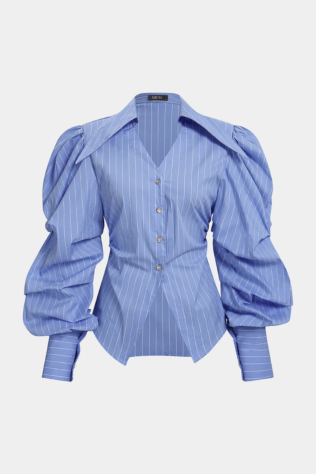 Striped V-Neck Ruched Button Long-Sleeve Top sold by Micas product image thumbnail 2