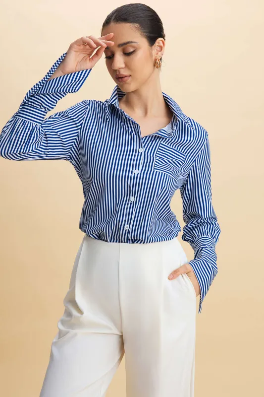 Striped Lapel Button Long Sleeve Shirt sold by Micas