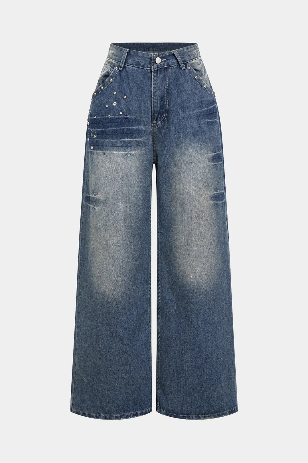 Denim Rivet Rhinestone Decor Straight Leg Jeans sold by Micas