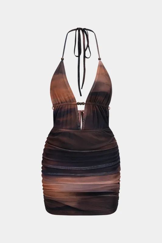 Tie Dye Print Mesh Halter Deep V-Neck Tie-Up Sleeveless Mini Dress sold by Micas