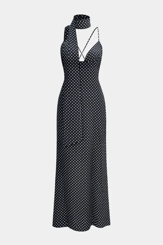 Polka Dots Print Crossed Tie Up Backless Slip Sleeveless Maxi Dress With Scarf sold by Micas