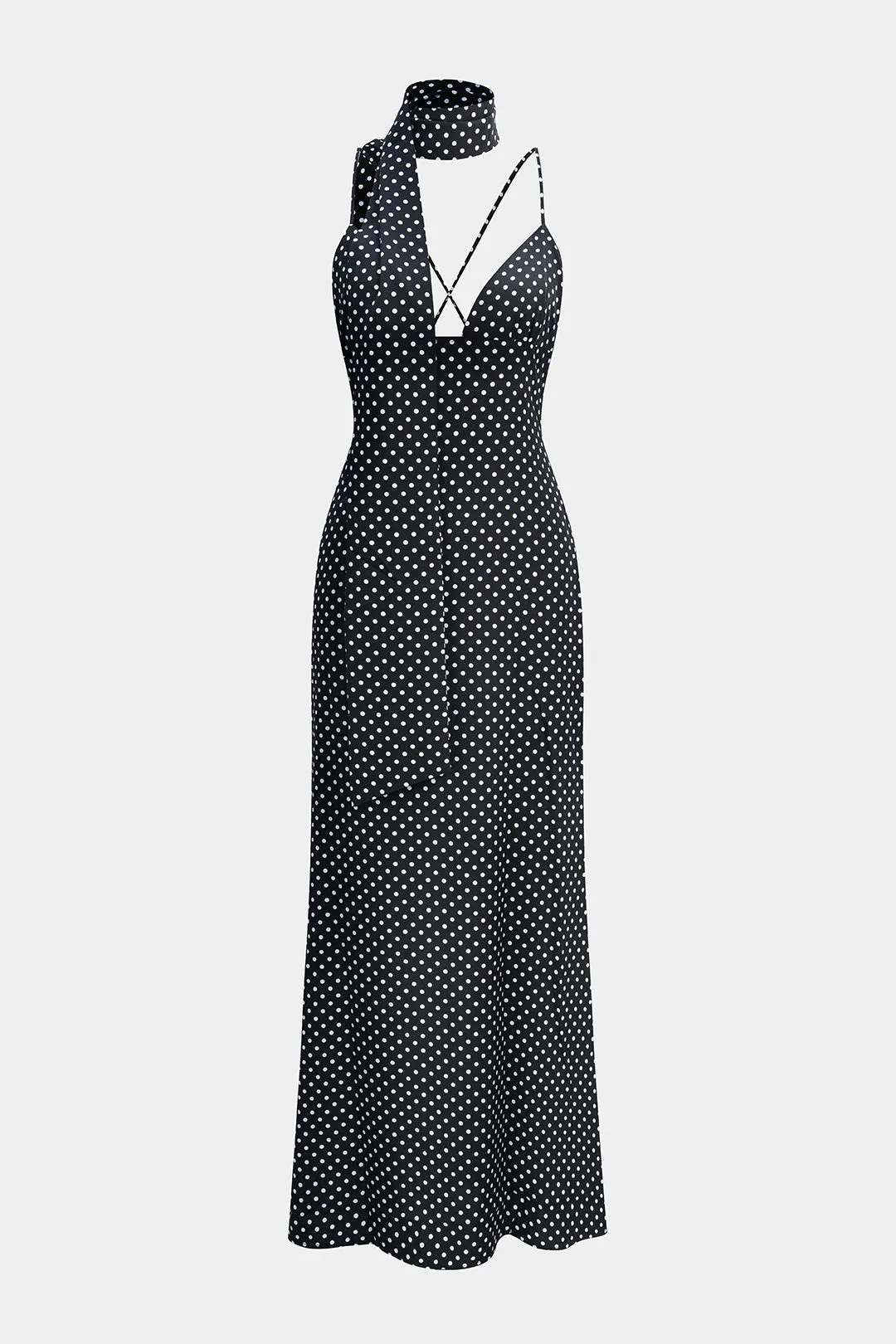 Polka Dots Print Crossed Tie Up Backless Slip Sleeveless Maxi Dress With Scarf sold by Micas