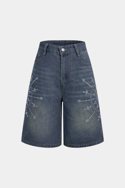 Denim Rhinestone Decor Wide Leg Shorts sold by Micas