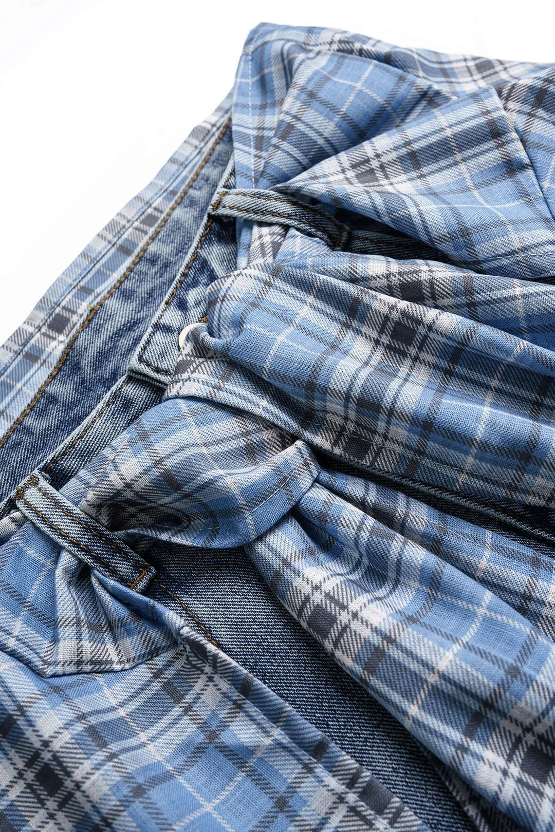 Denim Plaid Print Tie-Up Pocket High Waist Jeans sold by Micas product image thumbnail 4