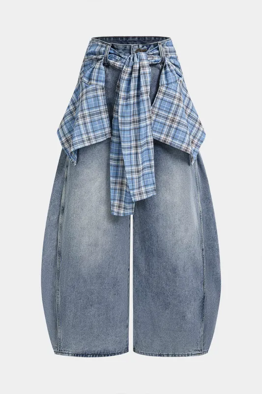 Denim Plaid Print Tie-Up Pocket High Waist Jeans sold by Micas