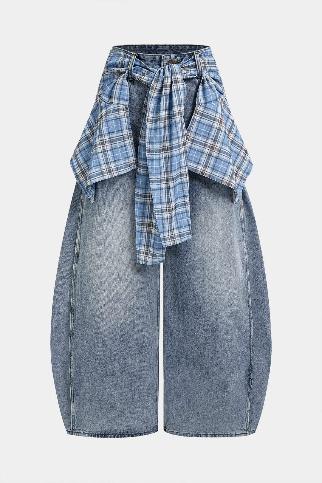 Denim Plaid Print Tie-Up Pocket High Waist Jeans sold by Micas