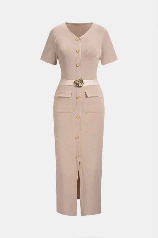 Knit V-Neck Metallic Button Short Sleeve Dress made by Micas