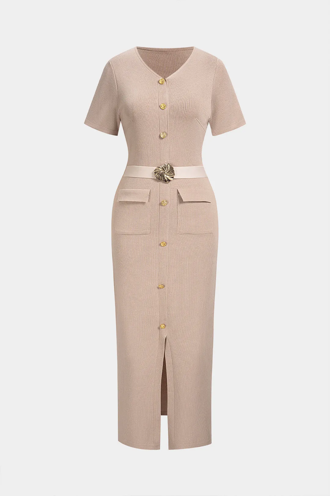 Knit V-Neck Metallic Button Short Sleeve Dress sold by Micas