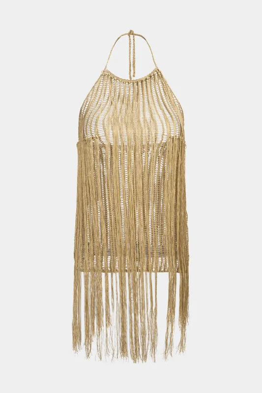 Halter Round Neck Tie-Up Fringe Backless Cut Out Sleeveless Mini Dress sold by Micas
