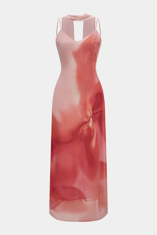Ombre Print Chiffon V-Neck Slip Sleeveless Midi Dress With Scraf sold by Micas