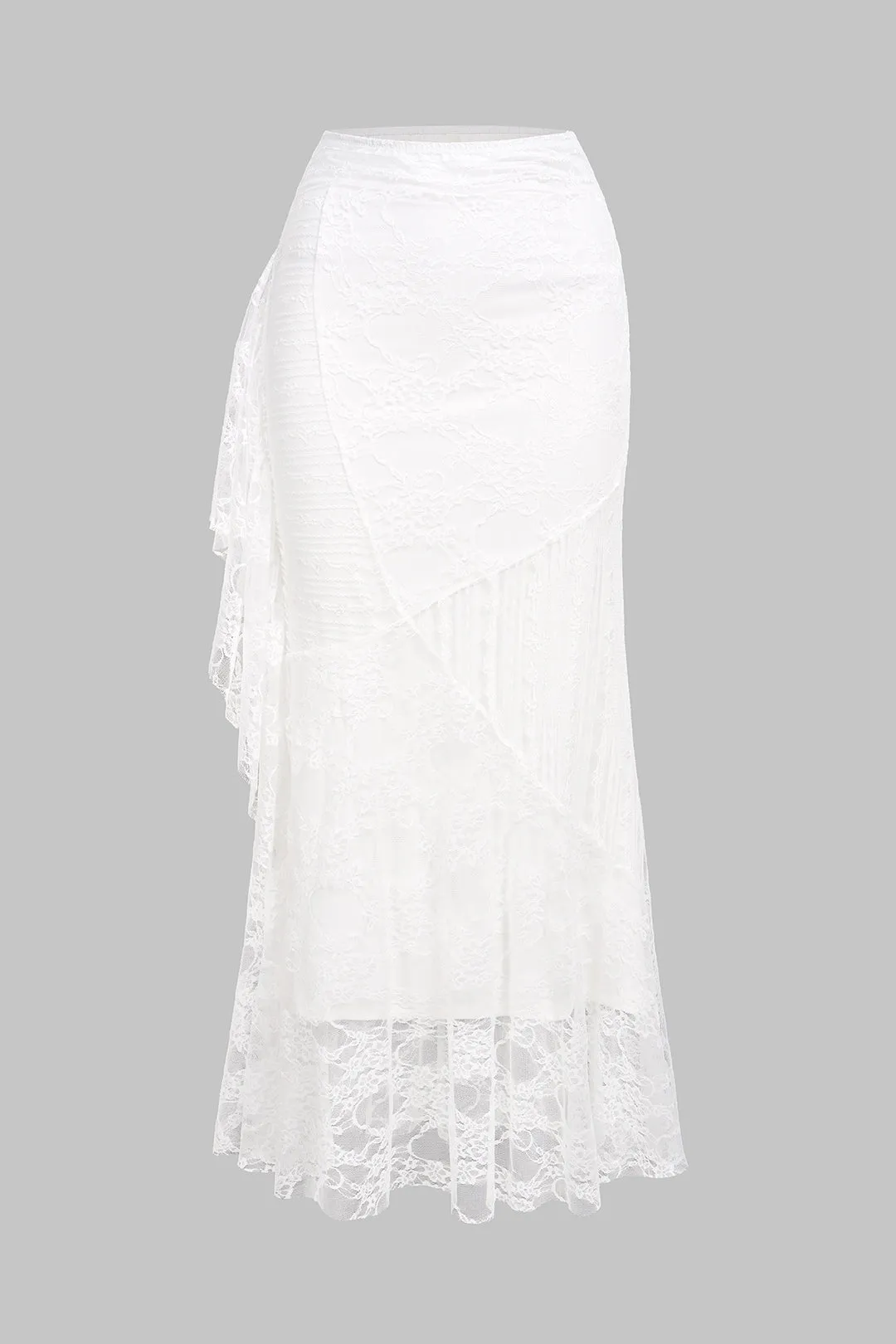 Solid Lace Patchwork Asymmetrical Skirt sold by Micas