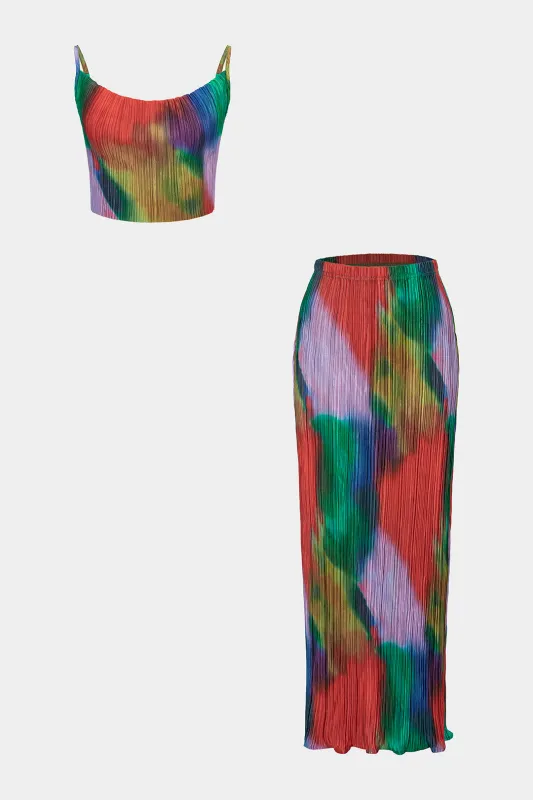 Tie Dye Print Satin Pleated Round Neck Cami Top And High Waist Skirt Set sold by Micas