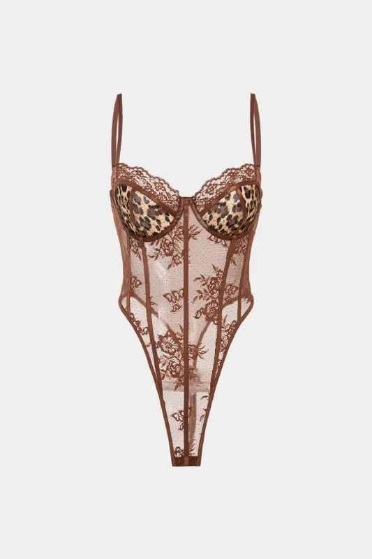 Leopard Print Lace Sleeveless Bodysuit sold by Micas