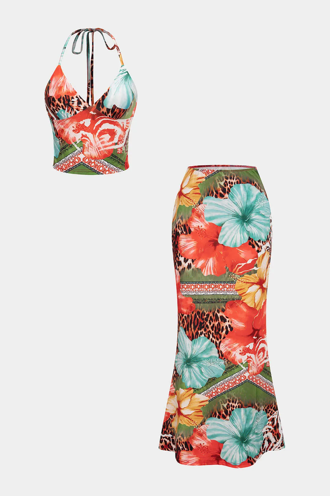 Leopard Floral Print Halter V-Neck Tie Back Top And High Waist Skirt Set sold by Micas product image thumbnail 2