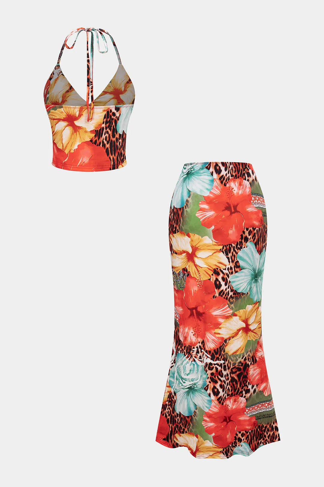 Leopard Floral Print Halter V-Neck Tie Back Top And High Waist Skirt Set sold by Micas product image thumbnail 3