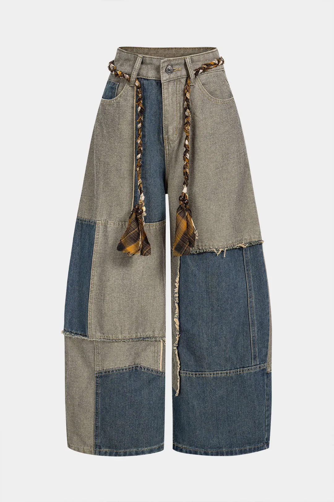 Denim Braided Belted Frayed Pocket Wide Leg Jeans sold by Micas