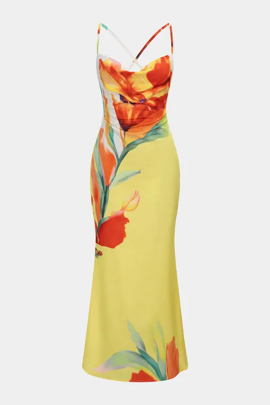 Floral Print Draped Cowl Neck Crossed Backless Slip Sleeveless Maxi Dress sold by Micas